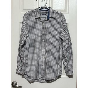 IZOD Men's Black Beige White Plaid Long Sleeve Button‎ Down Shirt Size M